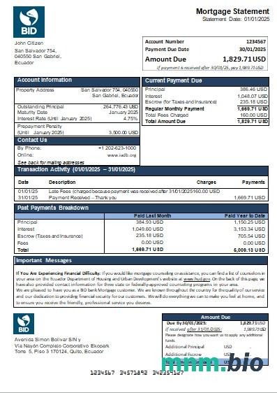 Ekwador Bank BID wyciąg z kredytu hipotecznego szablon Word i PDF